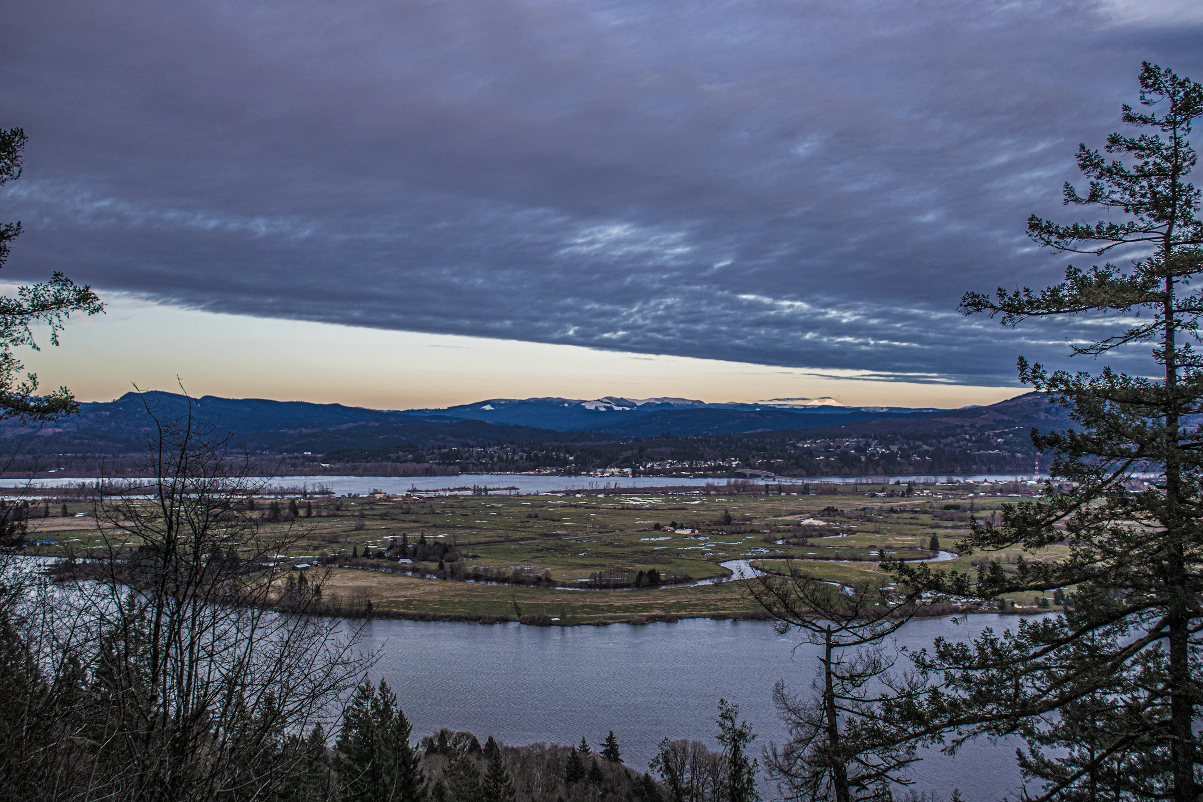 View from a forested hillside over a lake and mountains in the Pacific Northwest