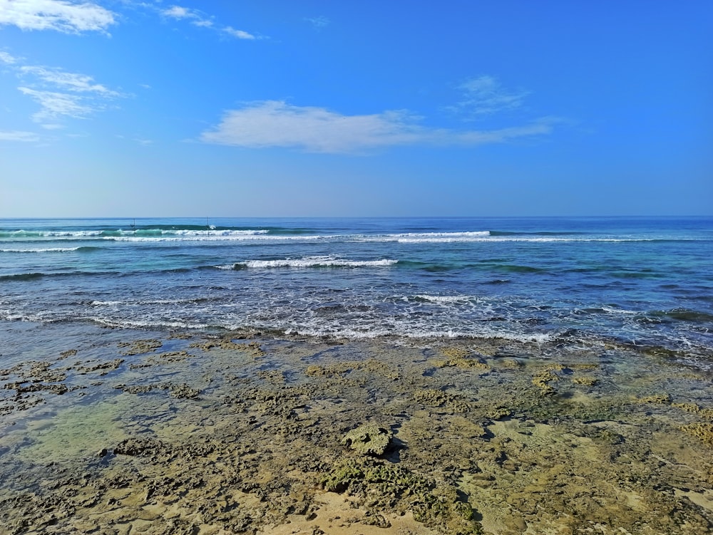 a view of the ocean from a rocky beach