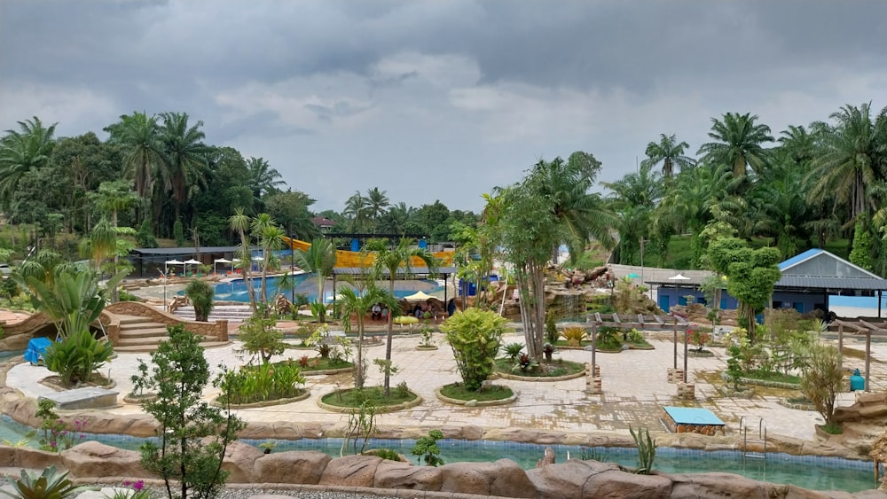 a large pool surrounded by trees and rocks