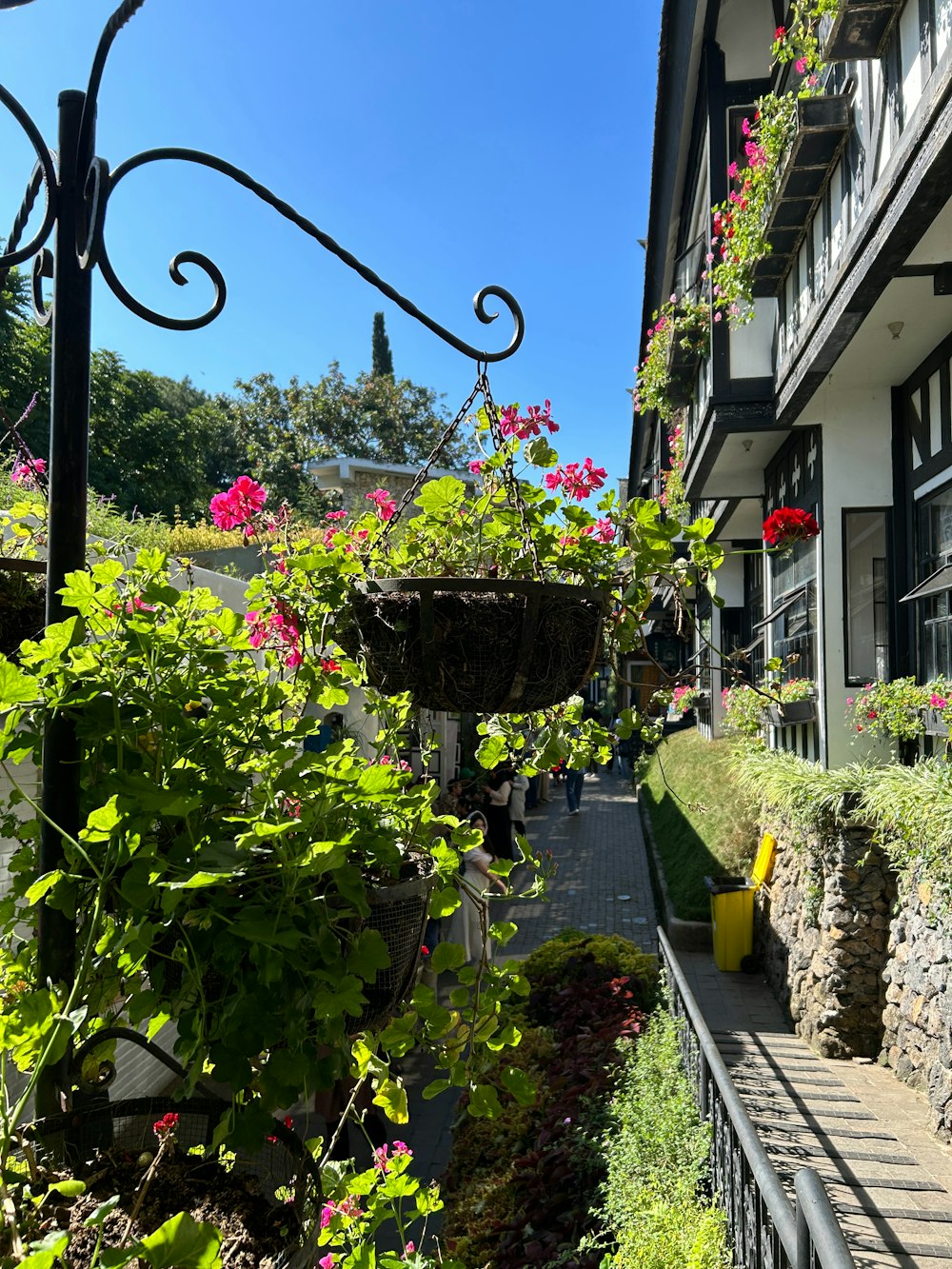 Un edificio con un ramo de flores colgando de su costado