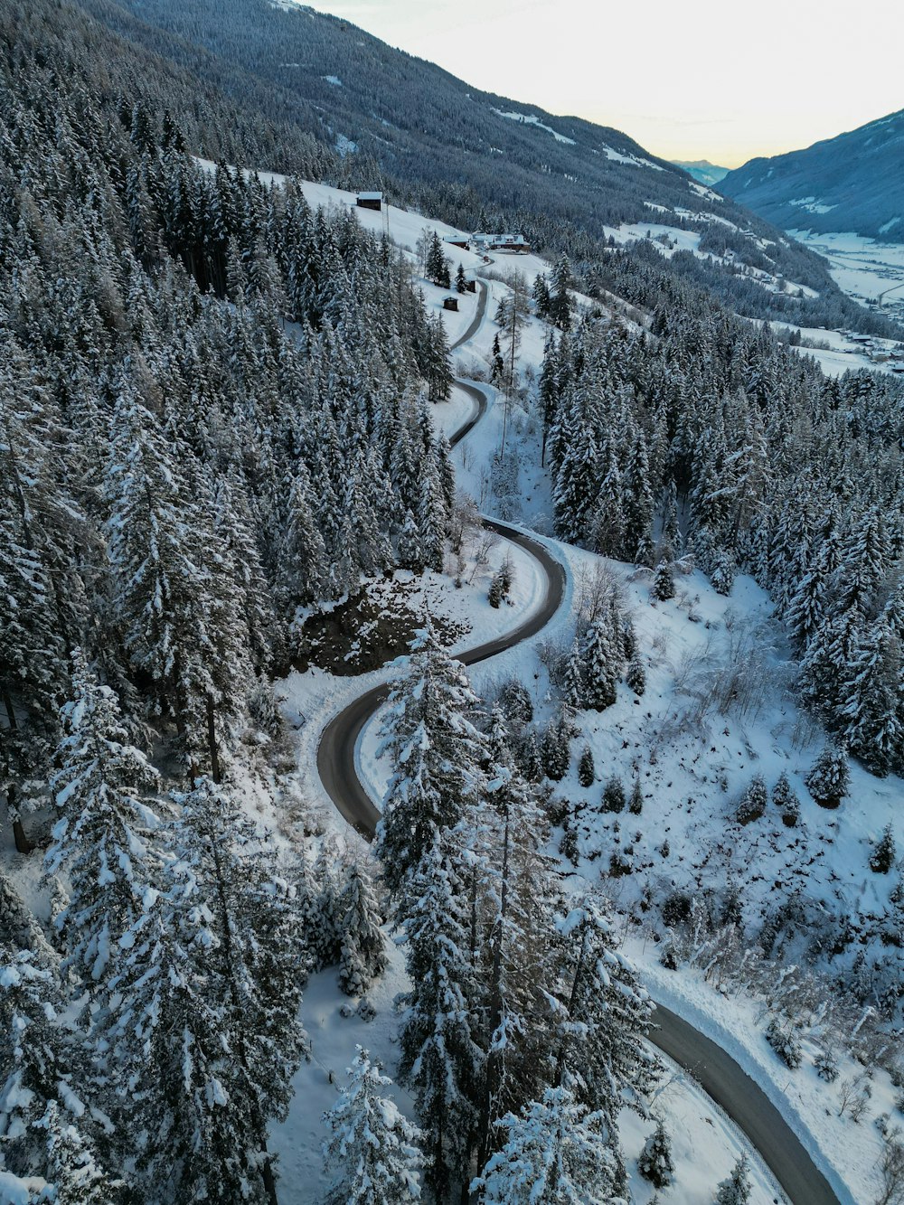 a winding road surrounded by snow covered trees