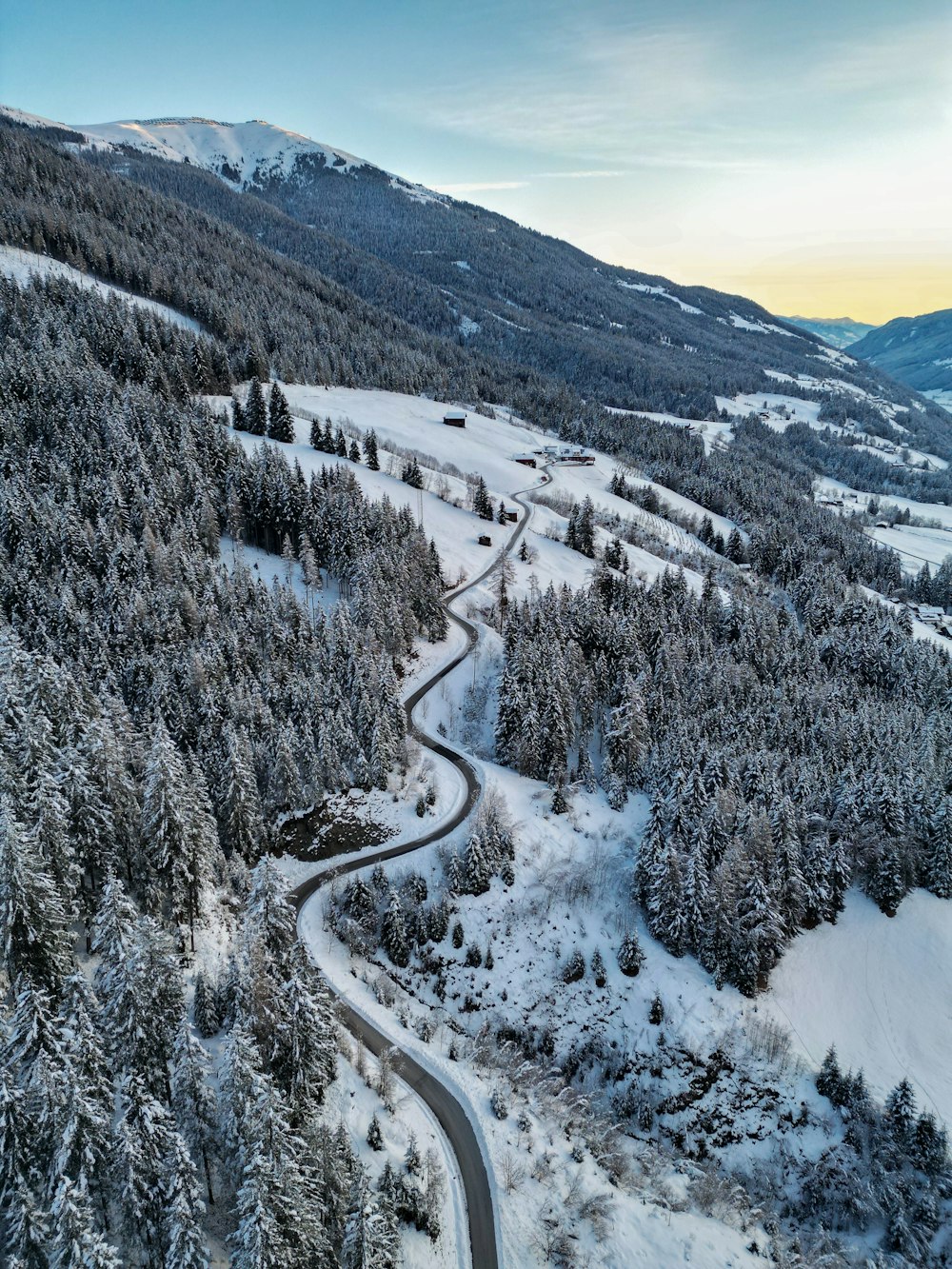 a winding road surrounded by snow covered trees