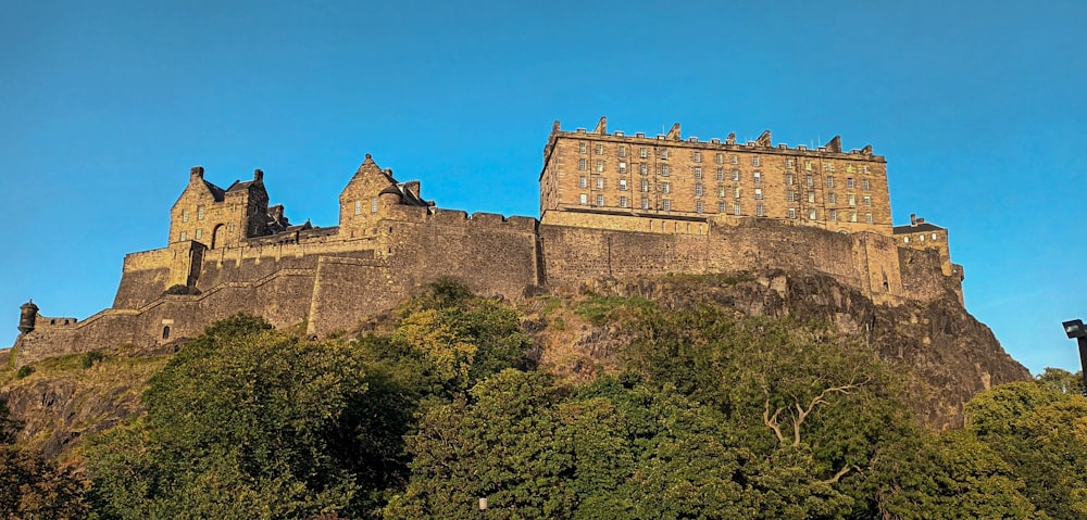 a castle on top of a hill surrounded by trees