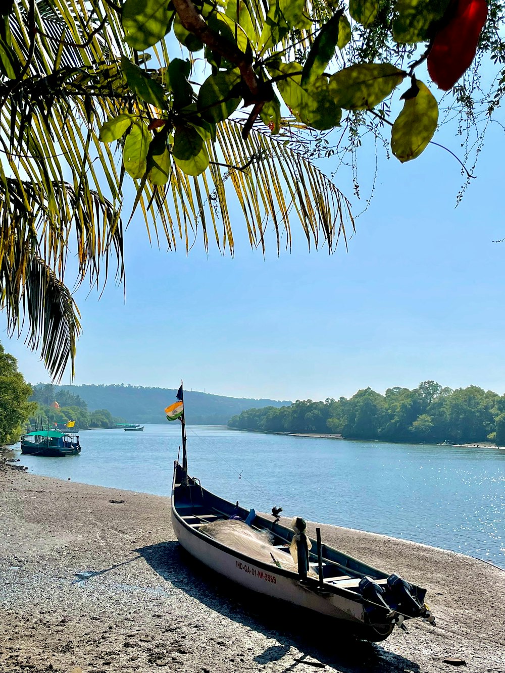 a small boat on the shore of a lake