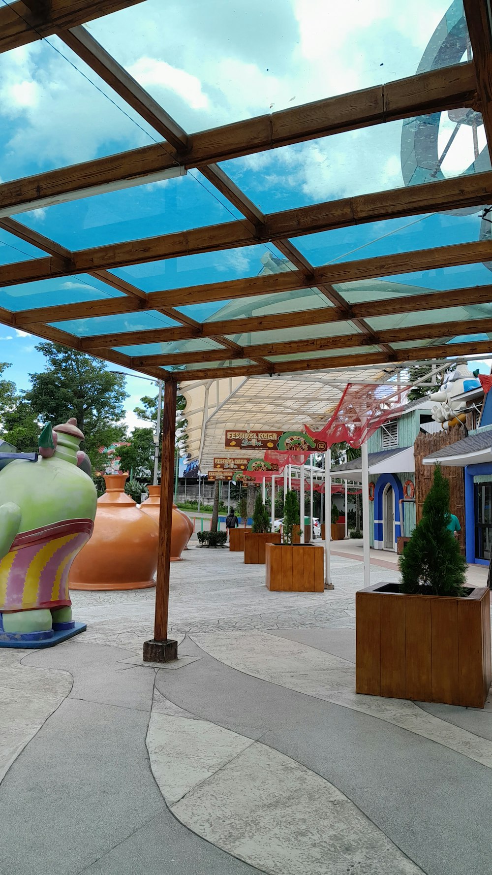 a view of a park with a lot of large vases