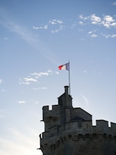 a flag flying on top of a tall building