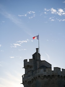 a flag flying on top of a tall building