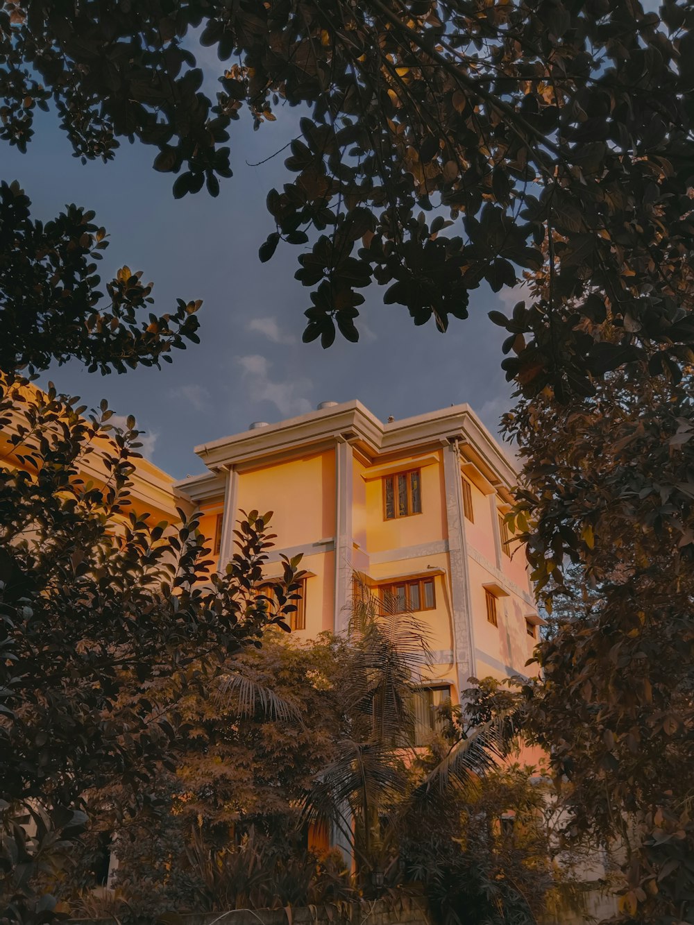 a tall white building sitting between two trees