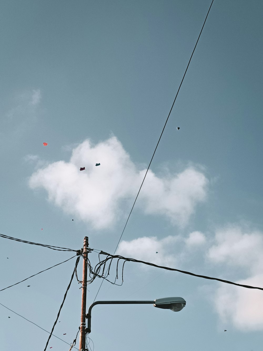 a group of kites flying in the sky above power lines