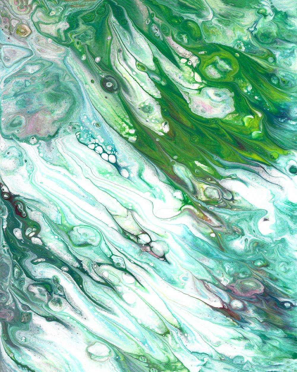 an abstract painting with green and blue colors