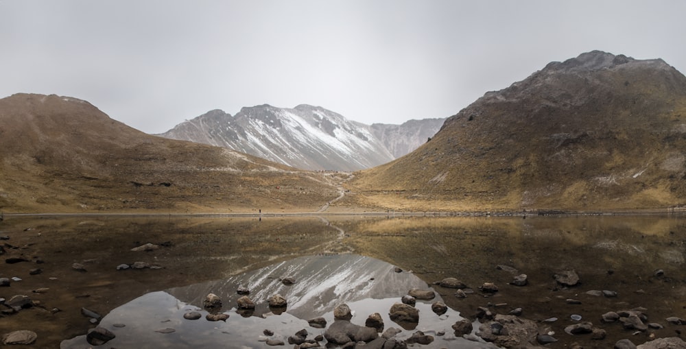 a mountain range with a lake in the foreground