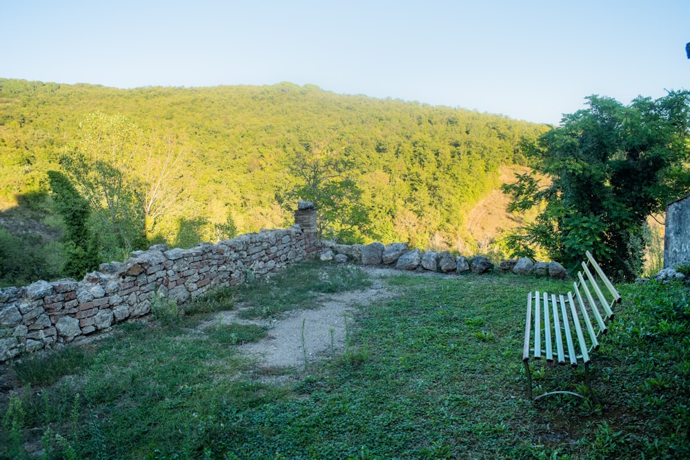 a wooden bench sitting on top of a lush green hillside