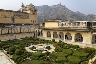 a view of a building with a garden in front of it
