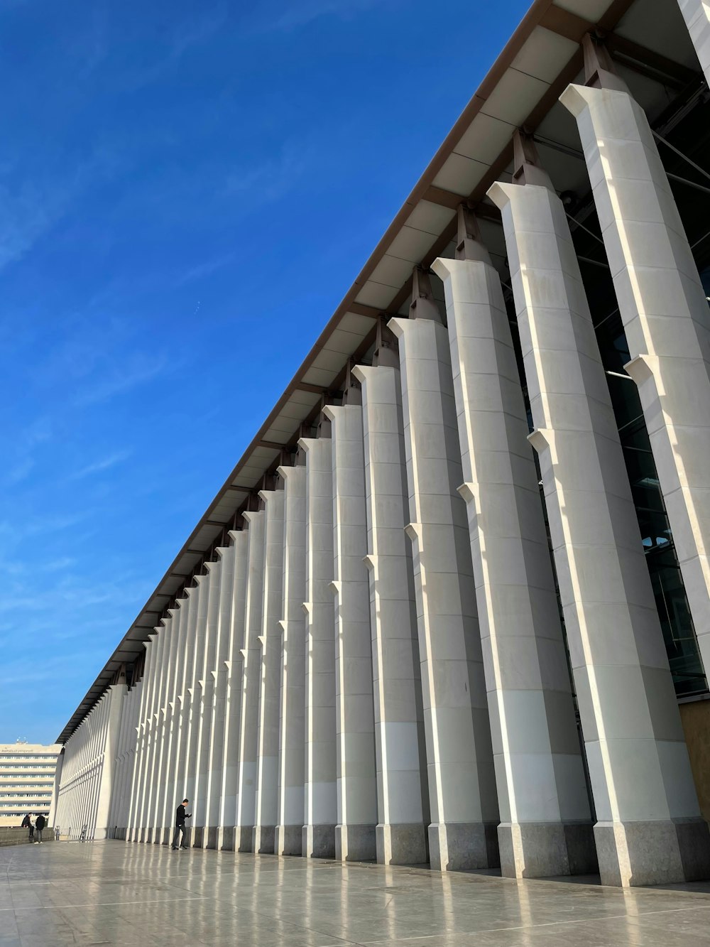a large white building with columns and a sky background