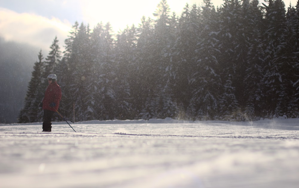 a person riding skis on a snowy surface