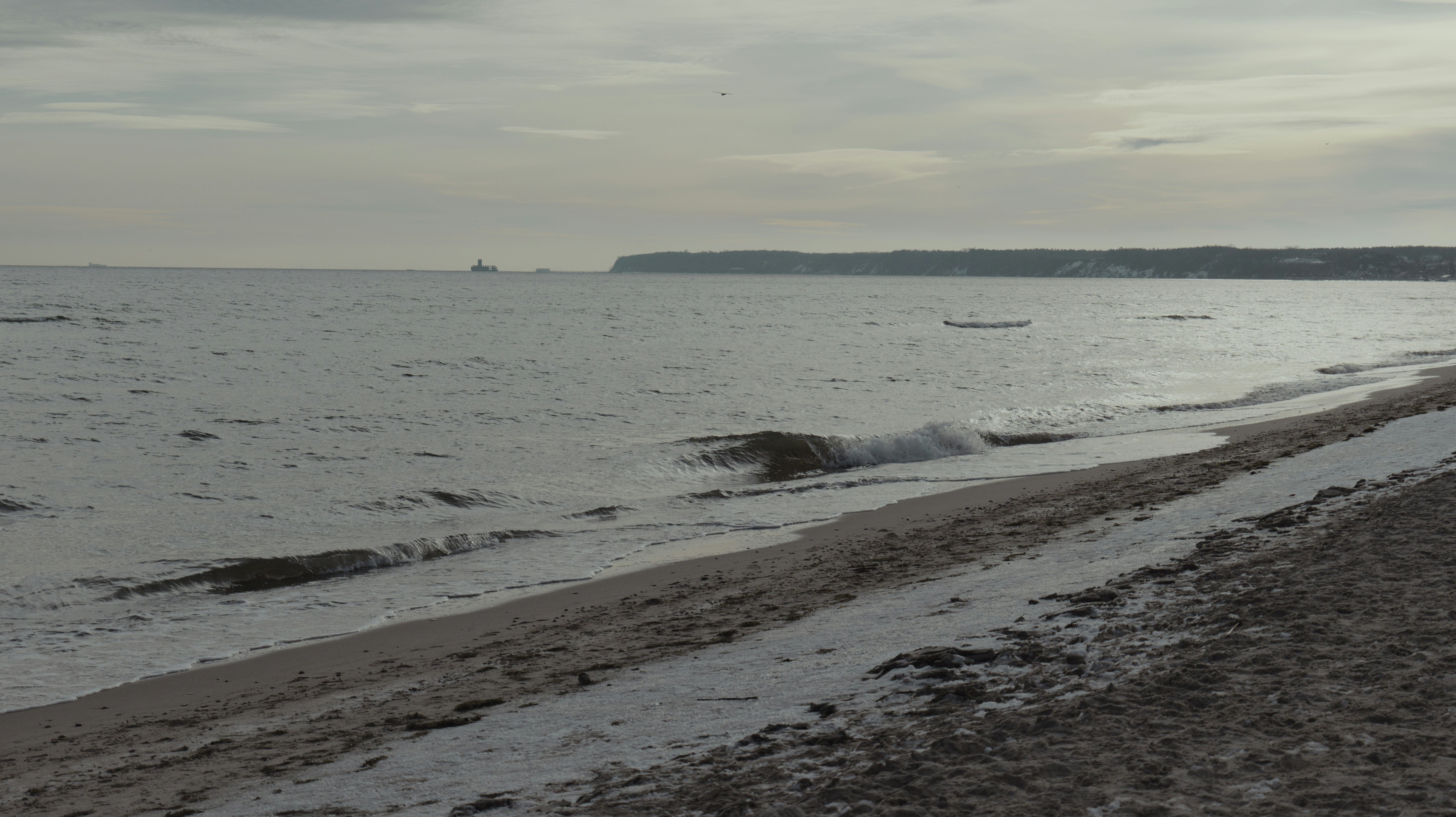 a beach with a boat in the distance