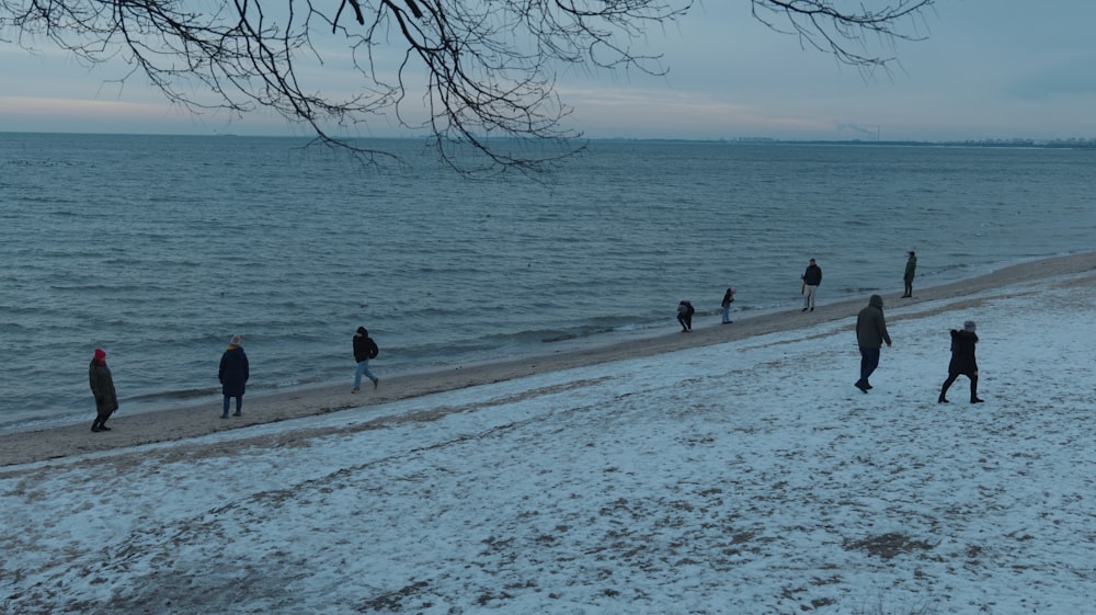 a group of people walking along a beach covered in snow