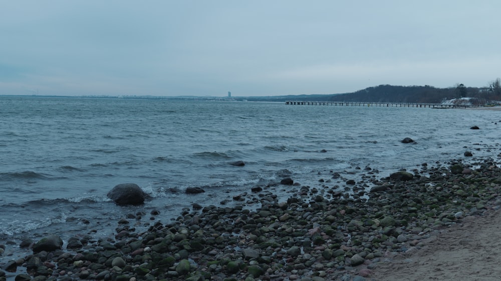 a body of water next to a sandy beach