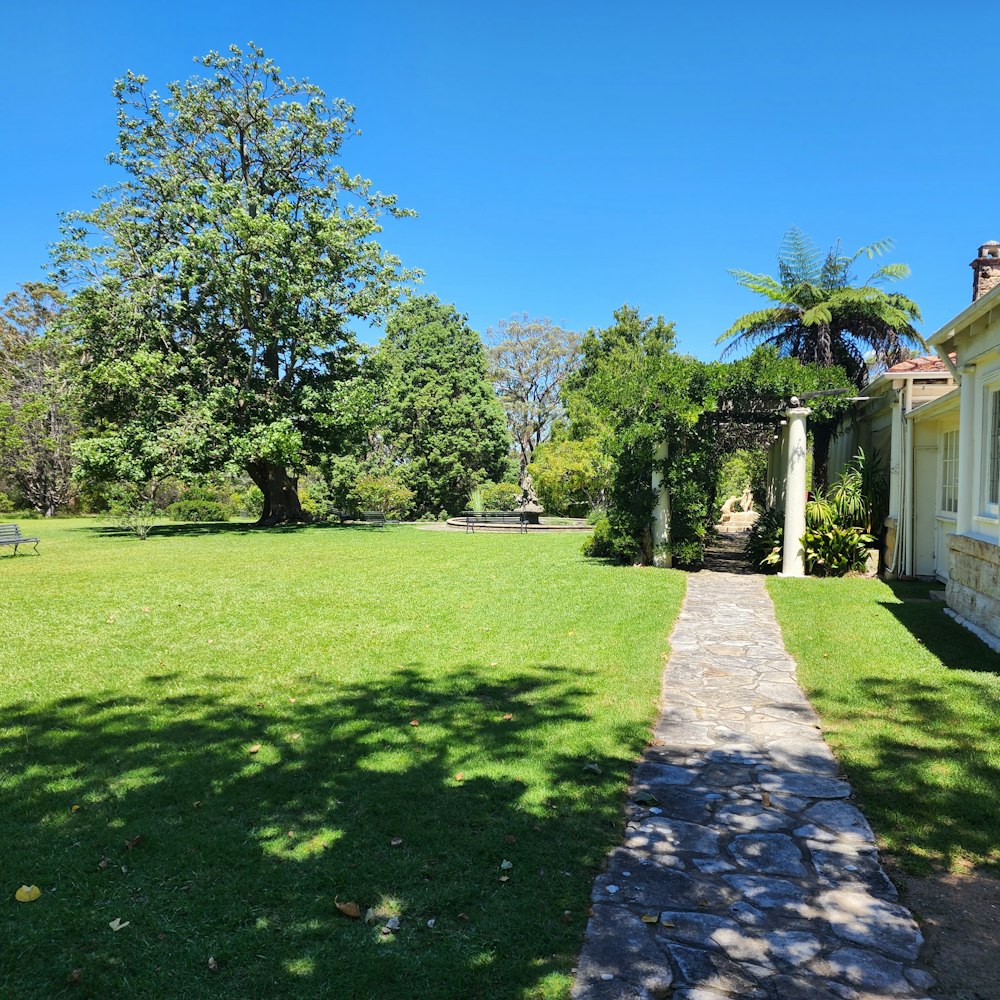 a path leading to a house with a tree in the background