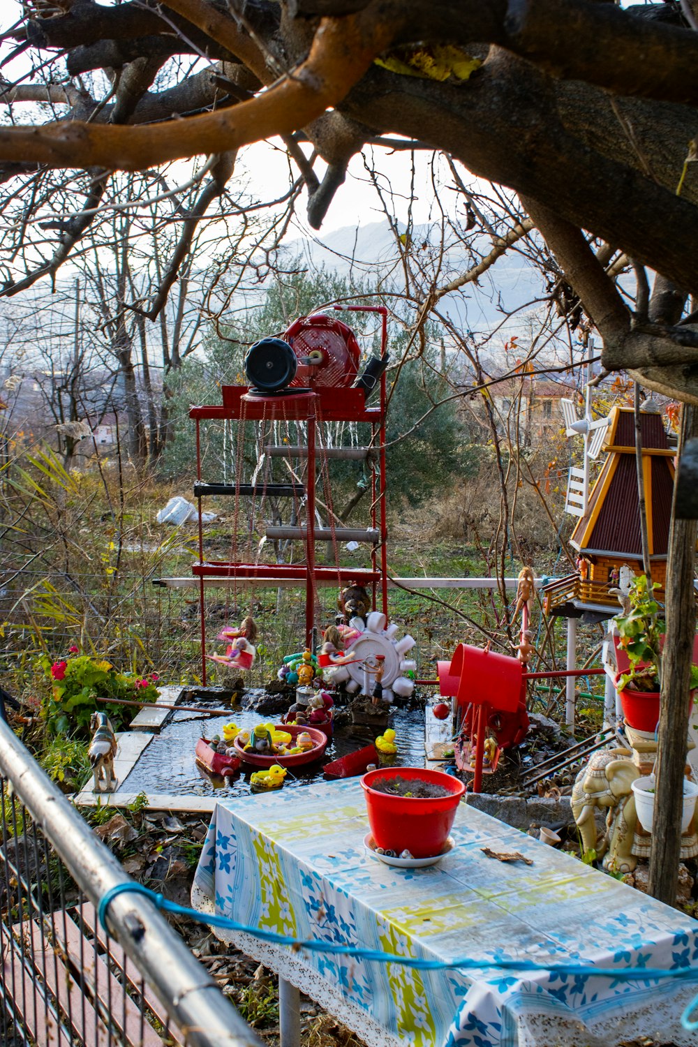 a table with a bowl of food on top of it