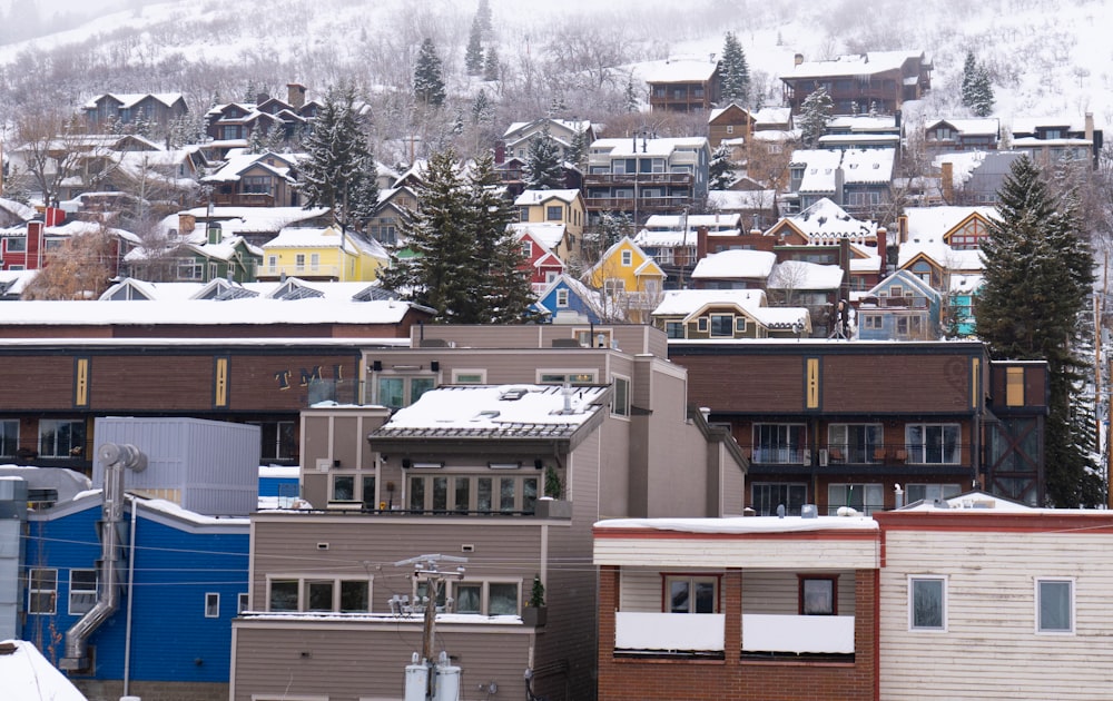 a city with a lot of houses and trees covered in snow