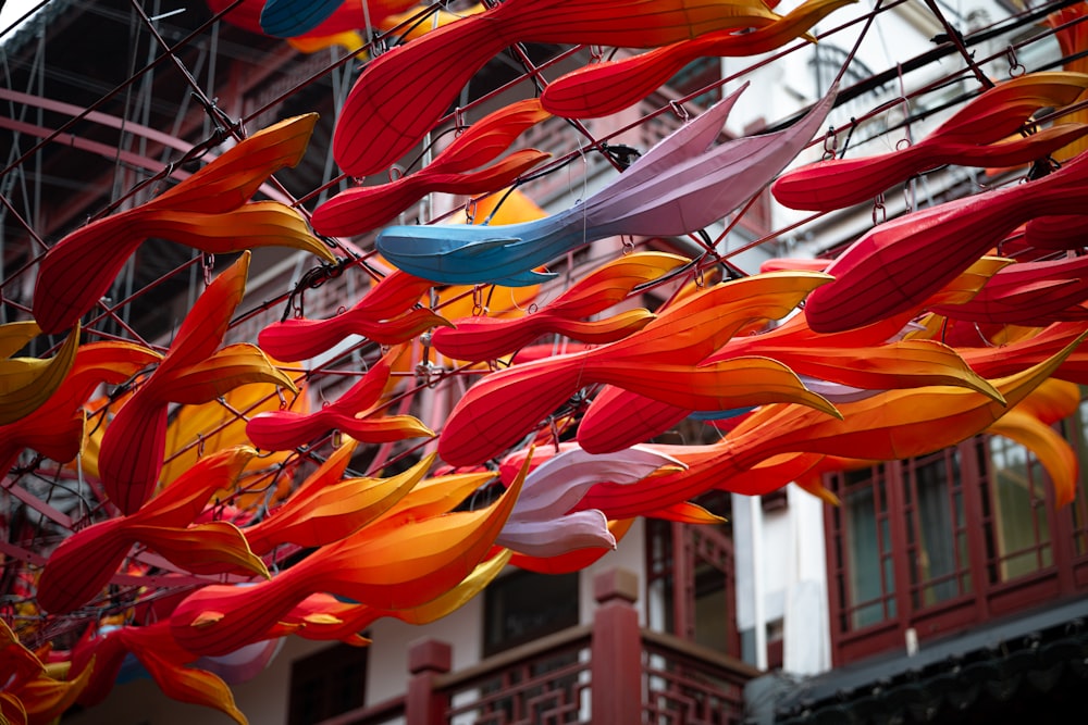 a bunch of colorful umbrellas hanging from a building