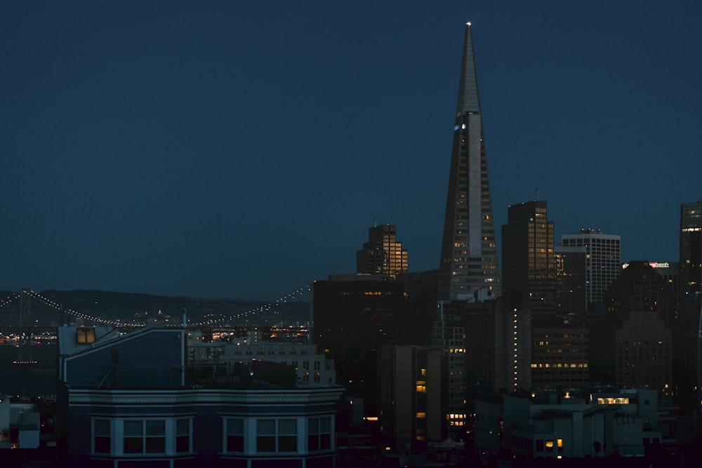 Una vista del horizonte de una ciudad por la noche