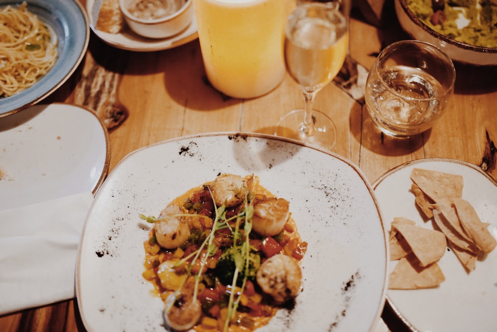 a plate of food on a wooden table