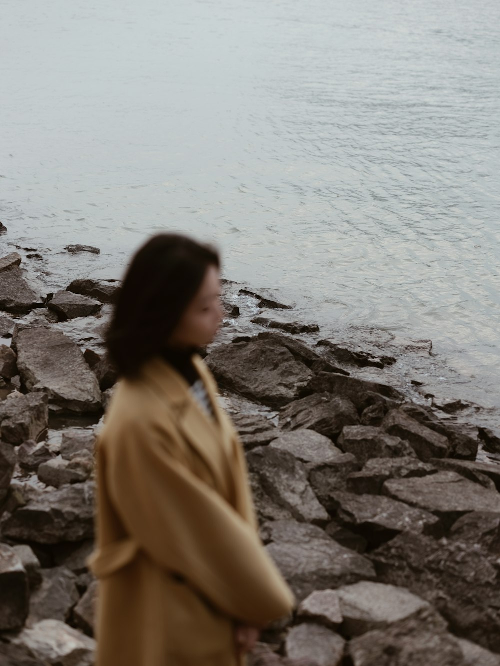 a woman standing on a rocky shore next to a body of water