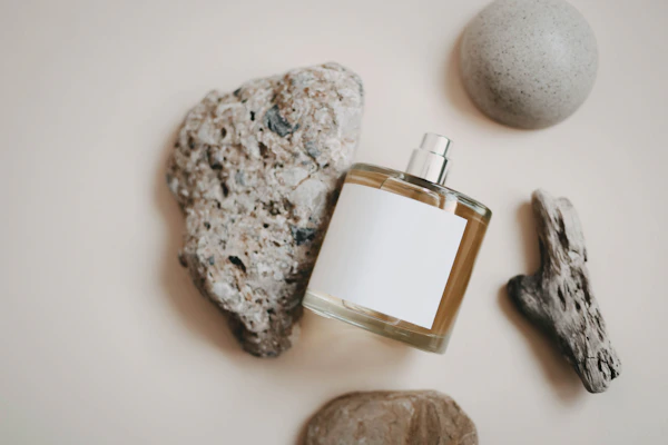 Cologne bottle beside stones