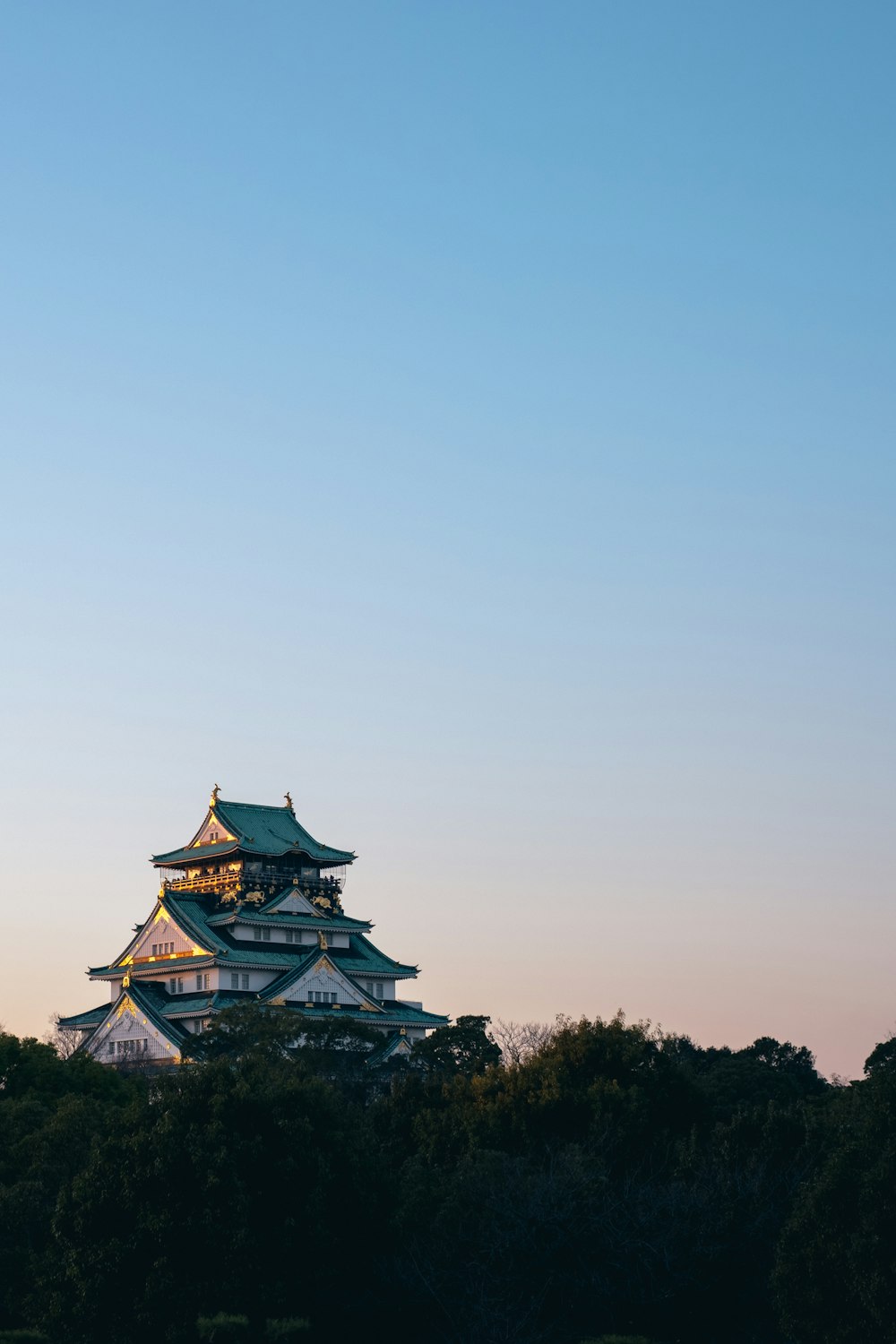 a tall building sitting on top of a lush green hillside