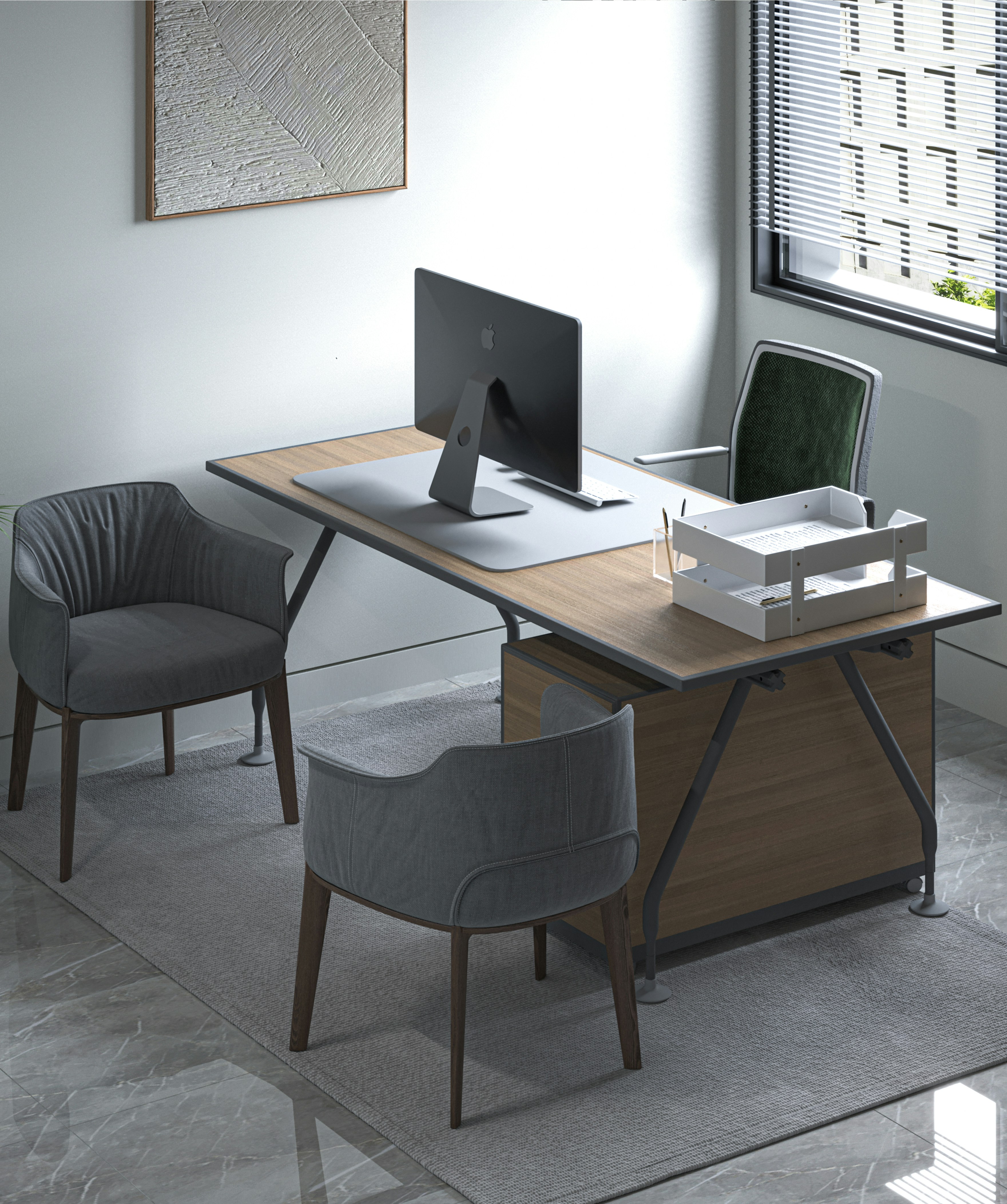 a desk with two chairs and a computer on it