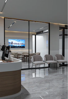 a large room with a tv and a lot of chairs