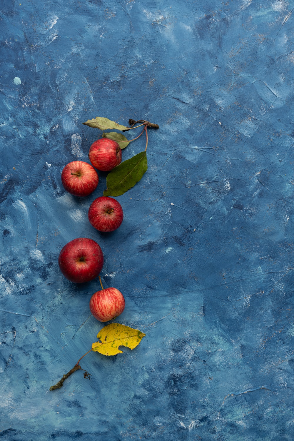 a painting of apples and leaves on a blue background
