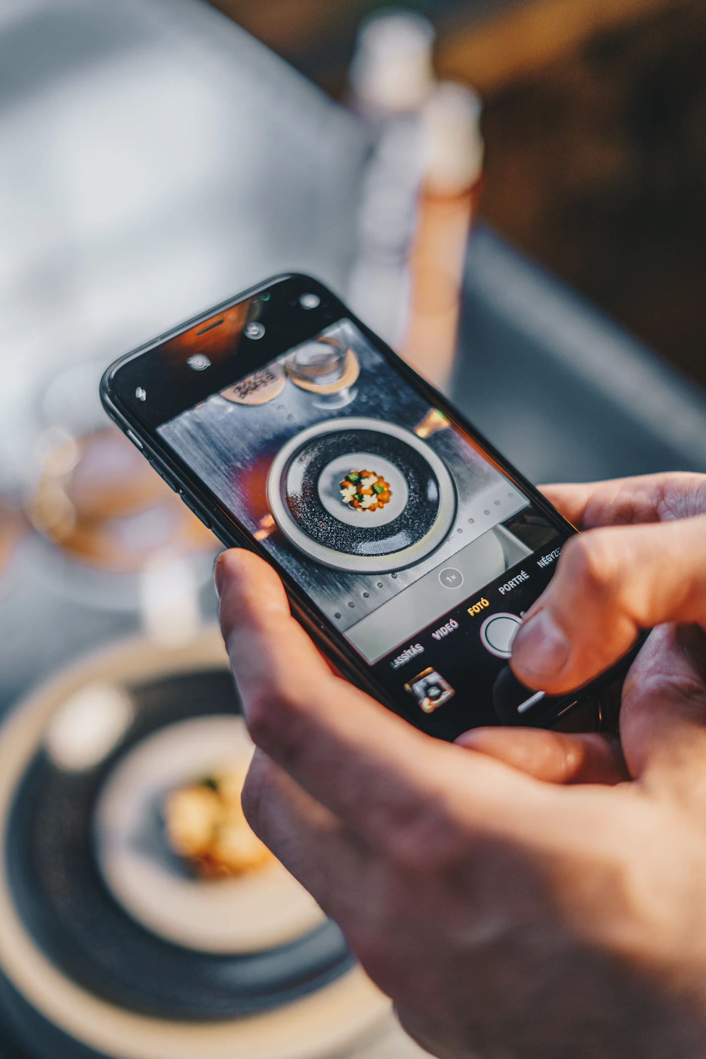 Person holding a phone showing a beautifully plated dish they cooked.