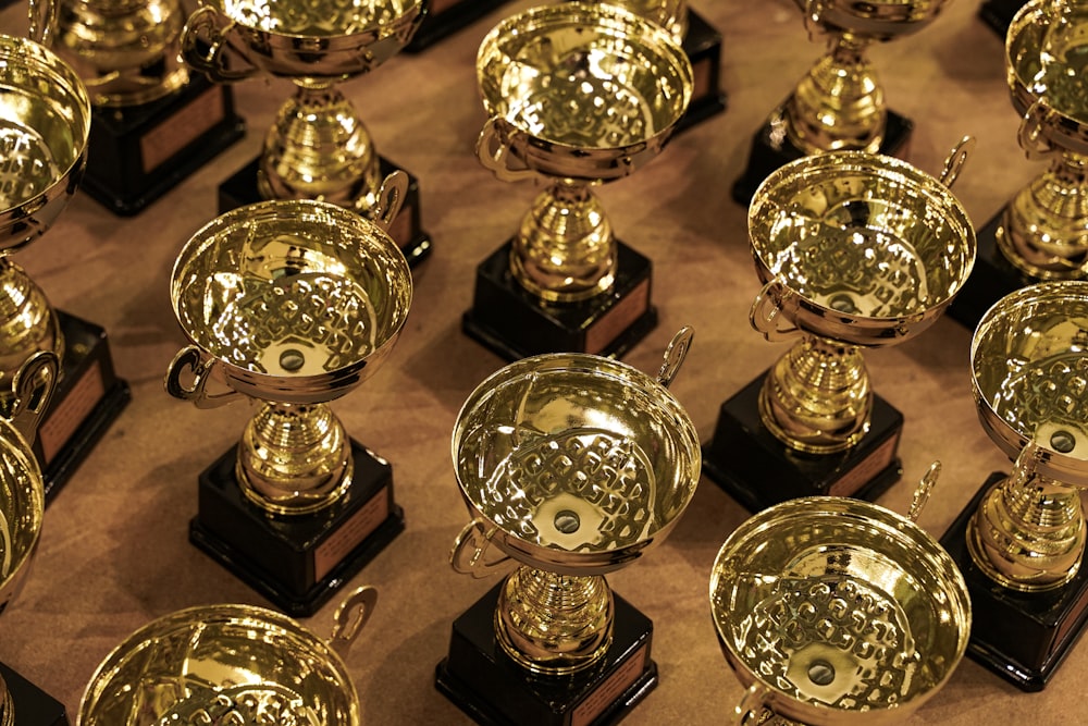 a bunch of trophies sitting on top of a table