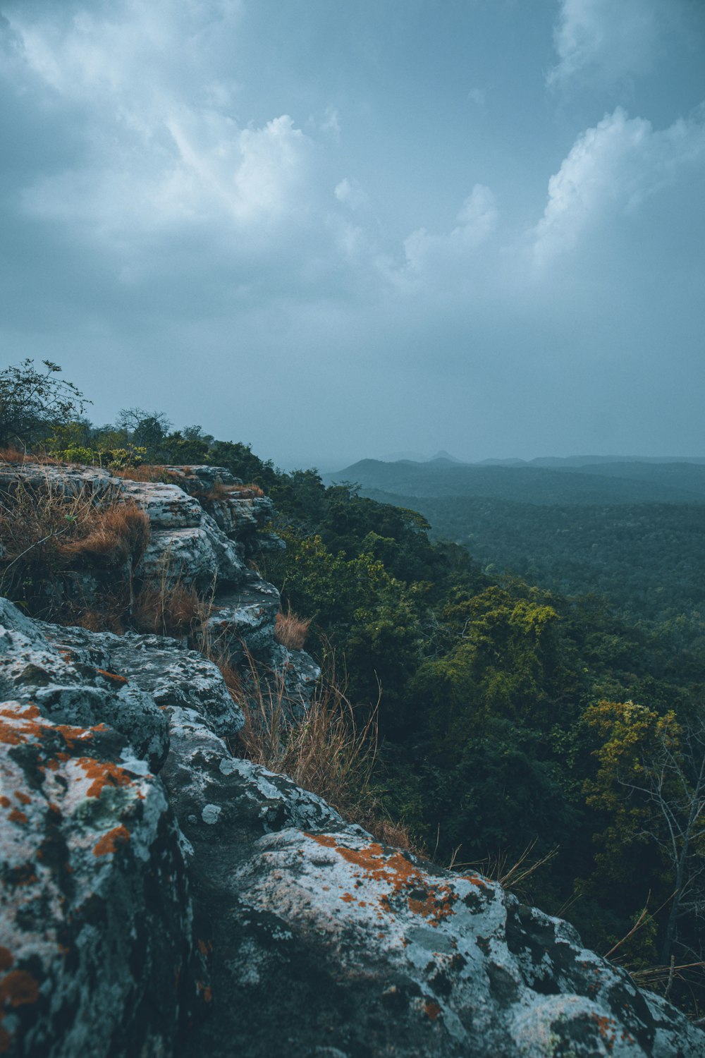 a view of a rocky outcropping with trees in the distance