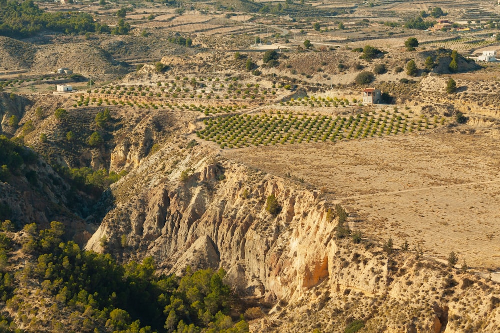 an aerial view of a valley with trees in the foreground