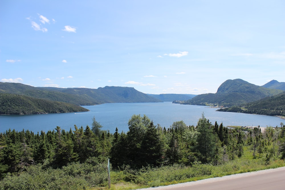 a scenic view of a lake surrounded by mountains