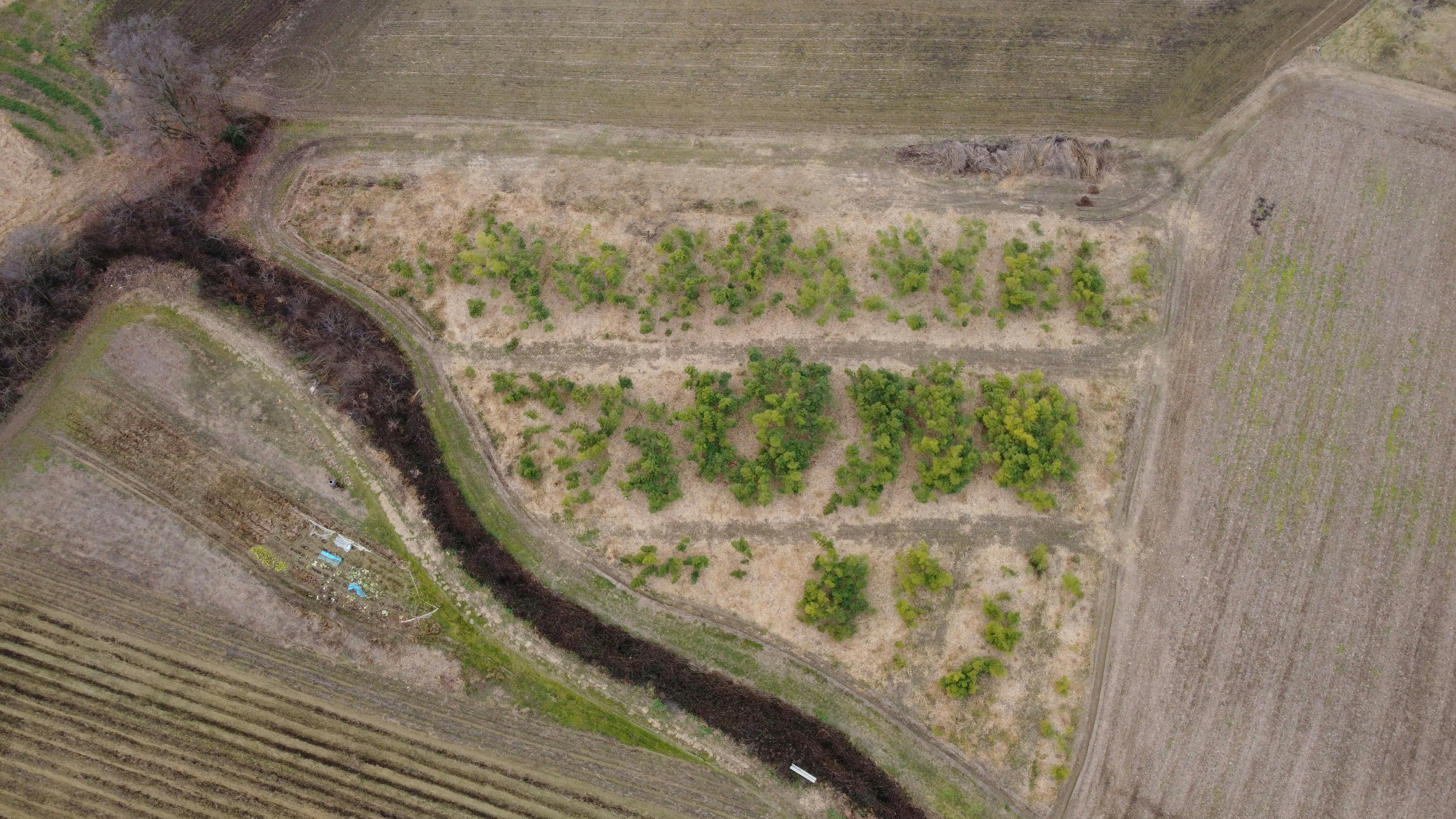an aerial view of a field with a river running through it
