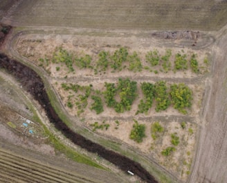 an aerial view of a field with a river running through it