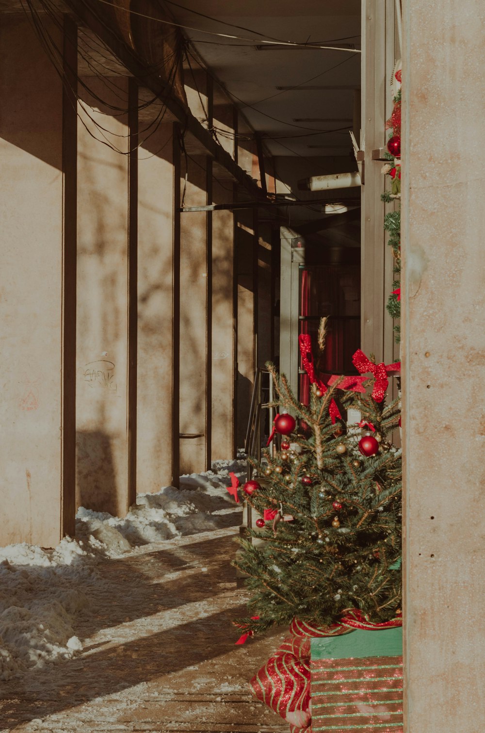 a small christmas tree sitting in the corner of a building