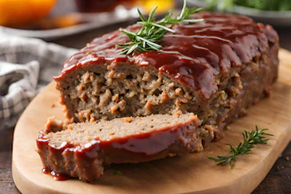 a loaf of meatloaf on a cutting board with a sprig of
