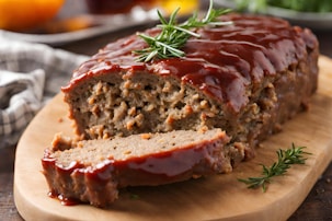 a loaf of meatloaf on a cutting board with a sprig of
