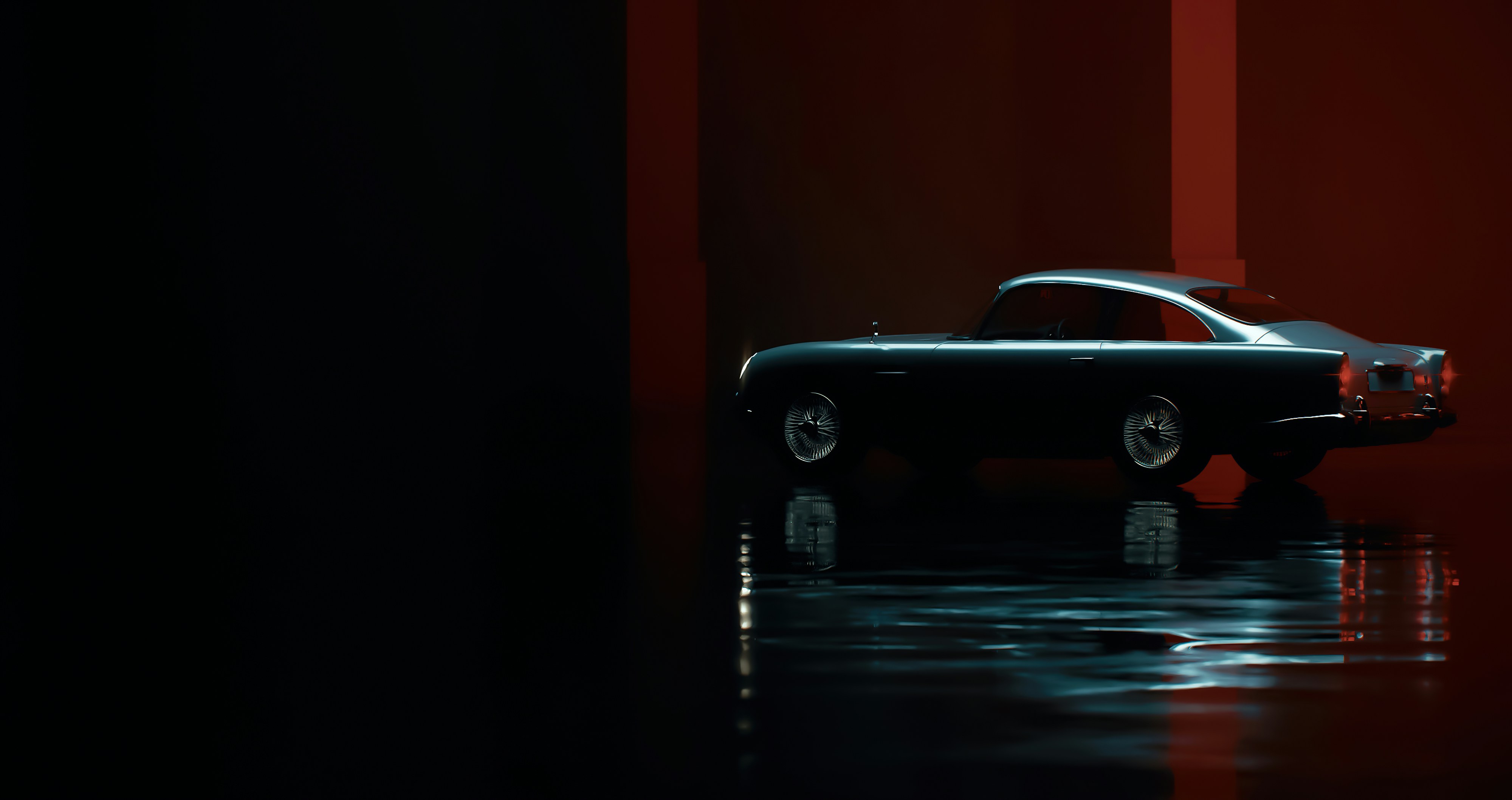 a black car sitting in the middle of a dark room