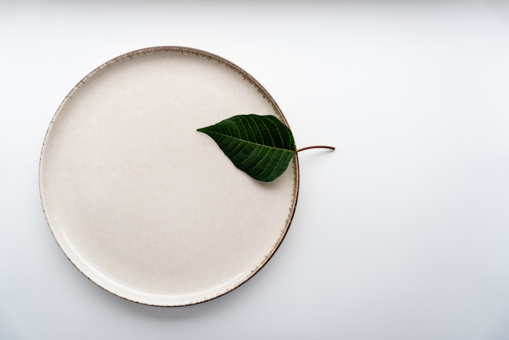 a white plate with a green leaf on it