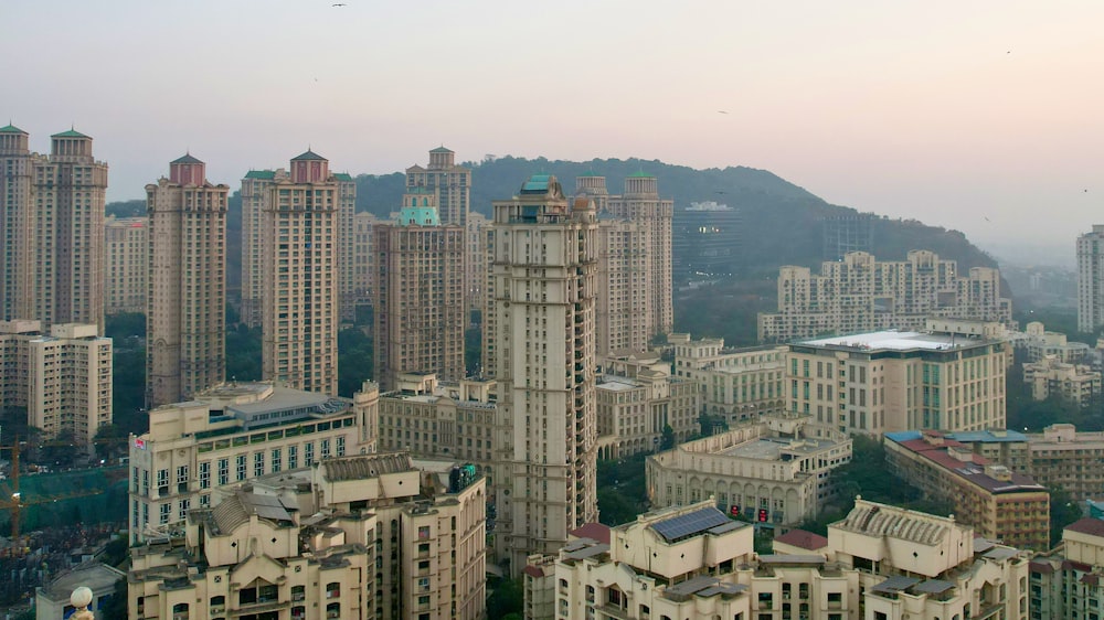 a view of a city with tall buildings