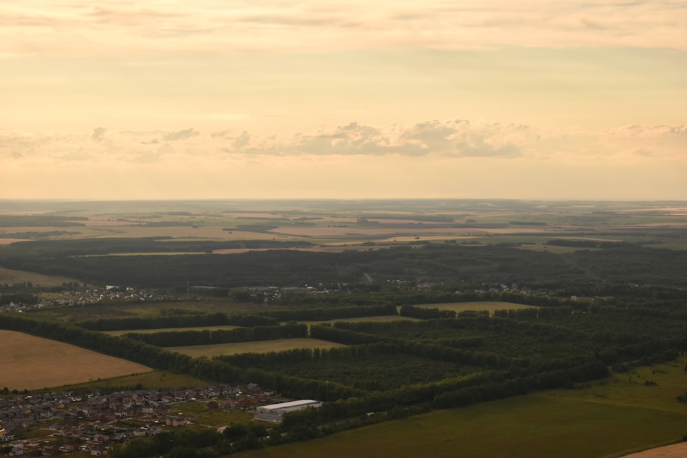 an aerial view of a town and countryside