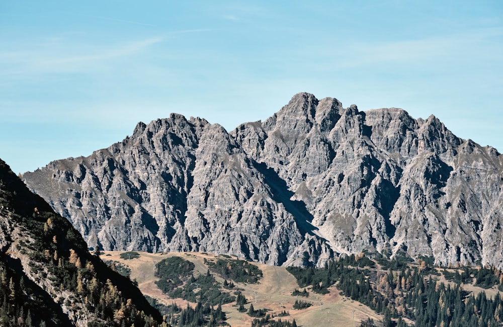 a view of a mountain range with trees in the foreground