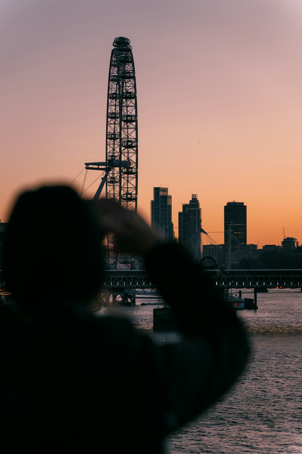 a person standing in front of a ferris wheel